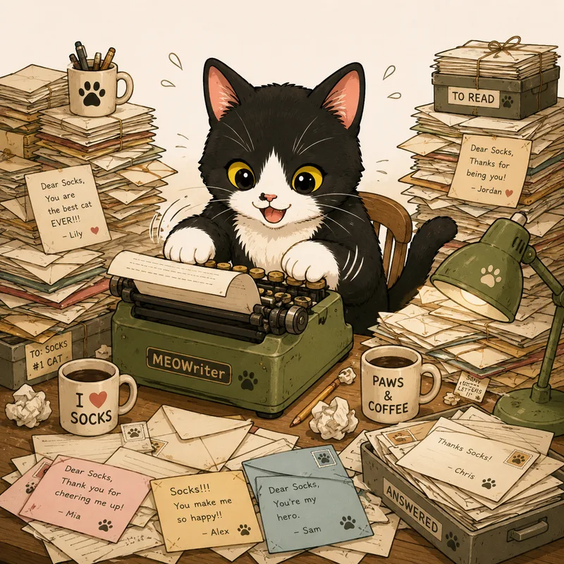 Socks, a tuxedo cat with a white face and a black dot on his nose, typing replies on a green MEOWriter typewriter surrounded by fan mail