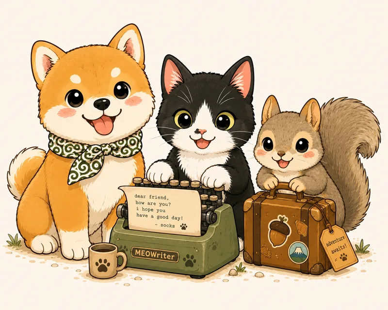 The Cinnamon Land team: Mon-chan the Shiba Inu, Socks the tuxedo cat at his MEOWriter typewriter, and Cinnamon the squirrel with his travel suitcase